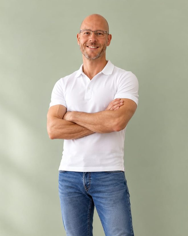 Andreas Flohrmann lächelt mit verschränkten Armen vor einer hellen Wand